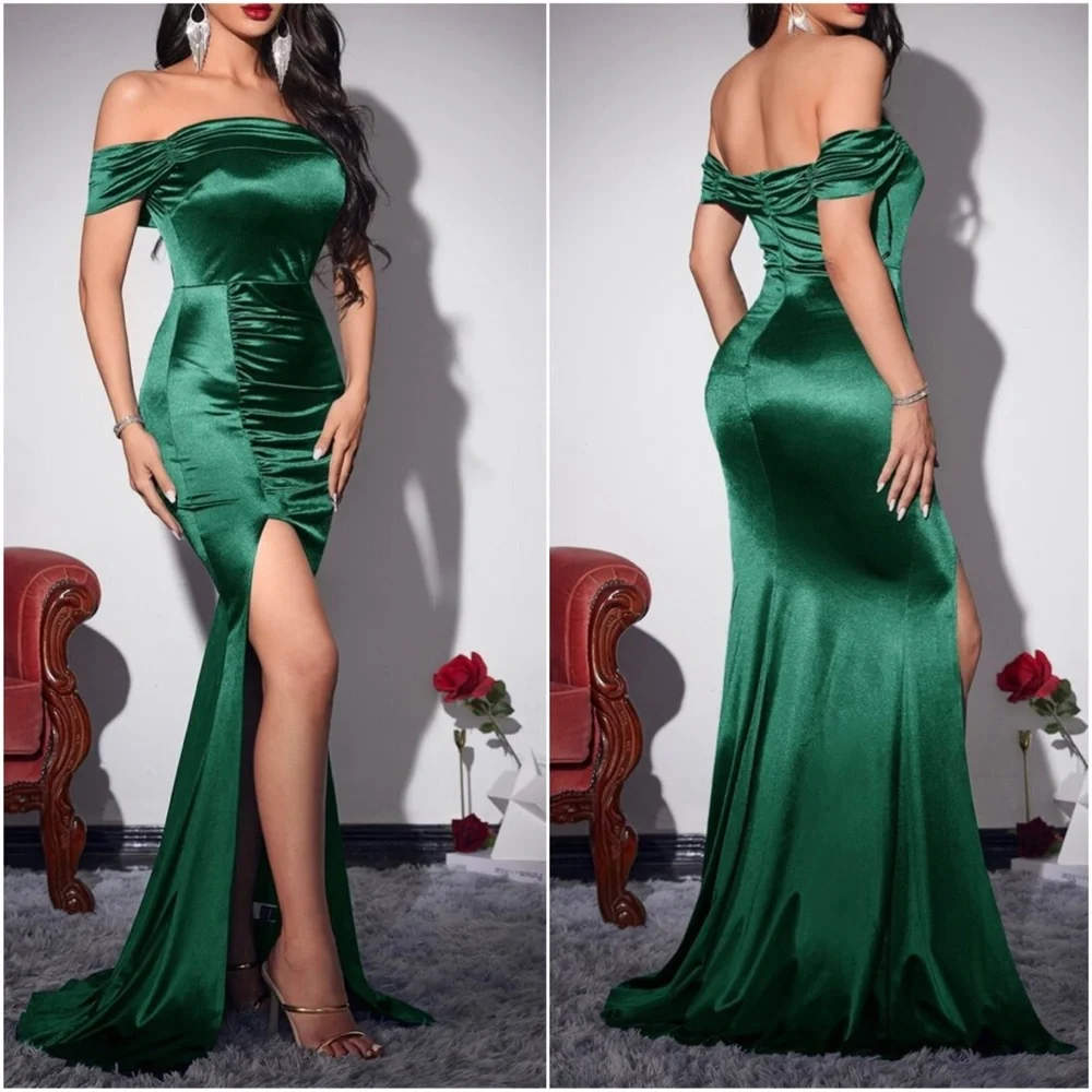 Luxurious Green Off Shoulder Slit thigh formal party evening wedding prom… - Picture 9 of 9